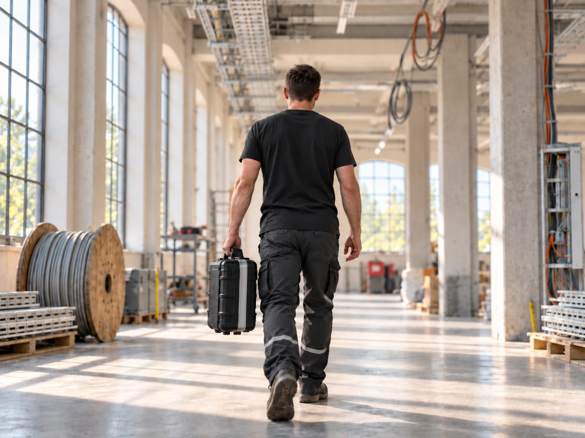 Monteur der mhe Elektro GmbH mit Werkzeugkoffer auf einer Baustelle in einer Industriehalle in Wien