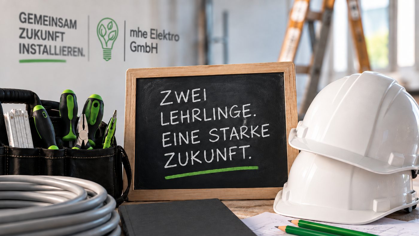 Tafel mit der Aufschrift „Zwei Lehrlinge. Eine starke Zukunft.“